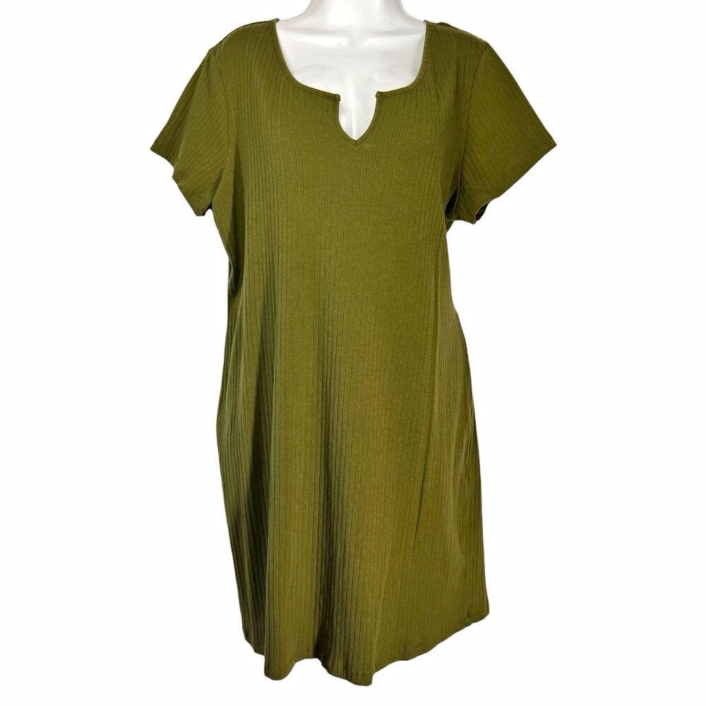SHEIN CURVE T-Shirt Dress Plus 4XL Olive Green Ribbed Short Sleeve Casual Mini